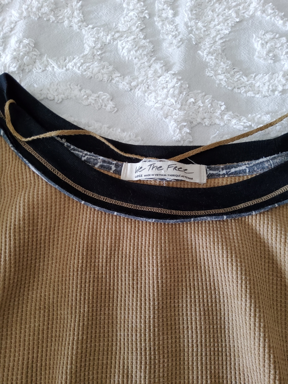 We The Free Tan Waffle-Knit Women’s Top with Black Trim Size L